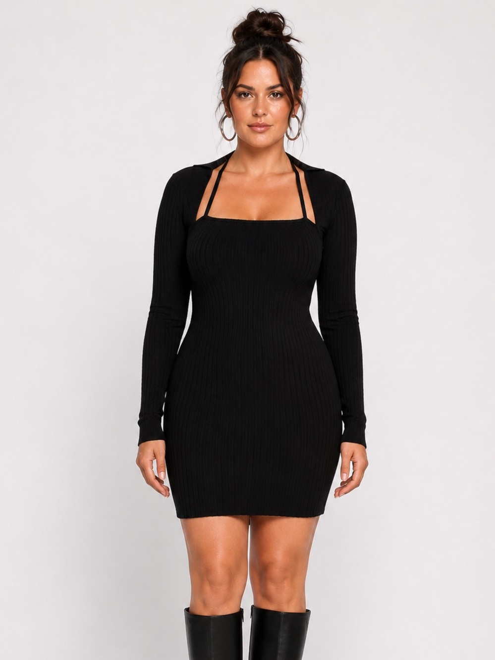 Helmut Lang Black RibbedLong-Sleeve Mini Dress w/ Halter Neck Strap Chic Bodycon